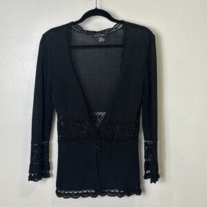 Etcetera Women's Large Black Crochet Knit Cardigan Sweater Long Sleeve Button Up